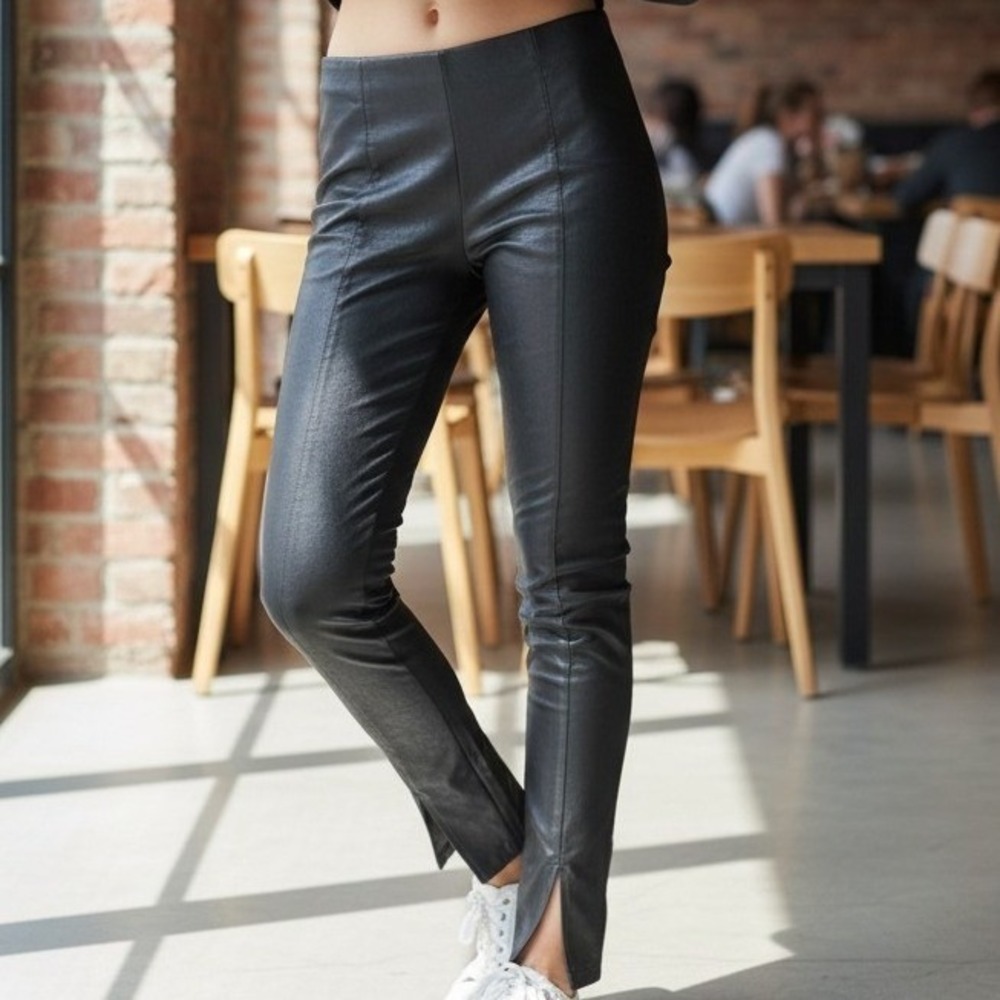 Evleo Los Angeles Black Coated Cotton Leather Look Split Hem Pants WL-0072 M
